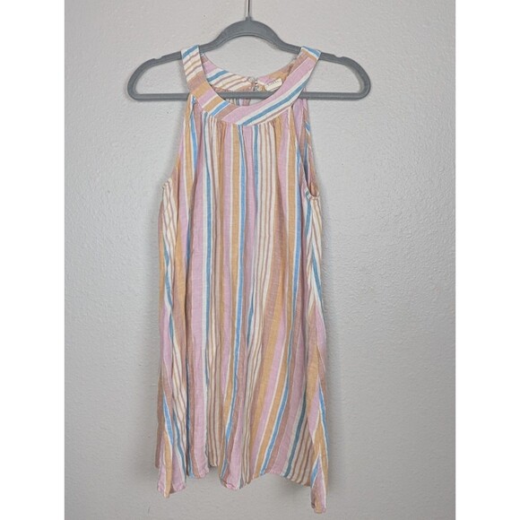 C&C California Linen Halter Dress S Sleeveless Pastel Stripe Keyhole Mini 223 - Picture 2 of 8